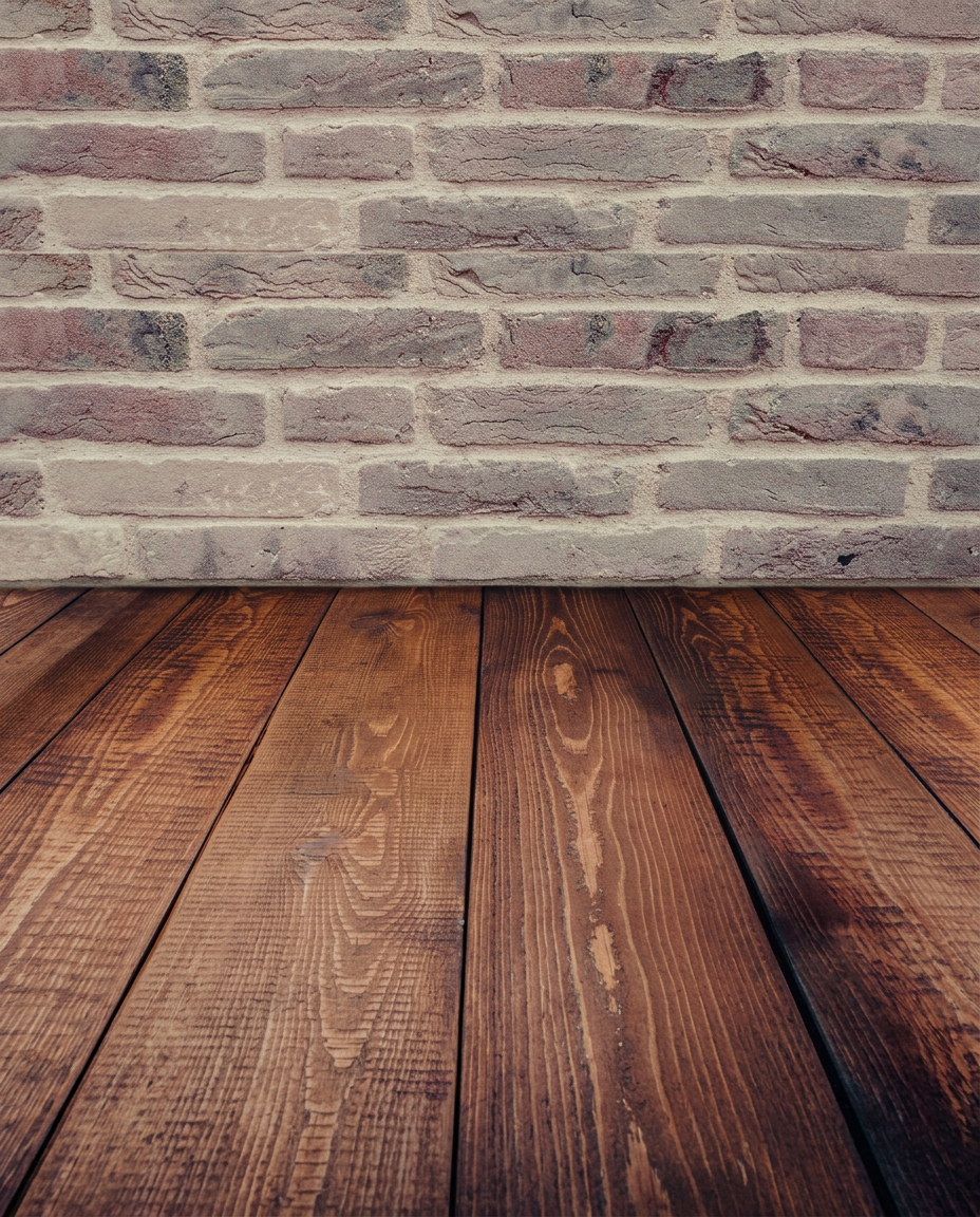 Rich hardwood planks installed beside a brick wall